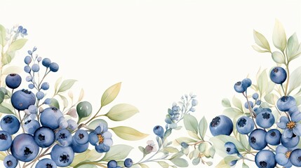a watercolour delicate colour border of blueberries at the bottom of the page on a white background with few blueberries. The blueberries are elegant and delicate and look handpainted