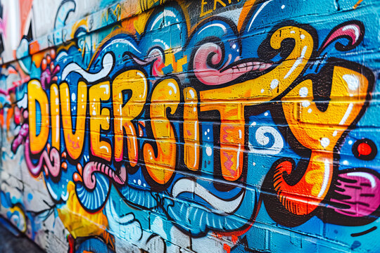 Graffiti with the word DIVERSITY sprayed on a brick wall on the street. © Denis