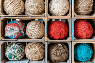 Various balls of yarn neatly organized in a wooden shelf
