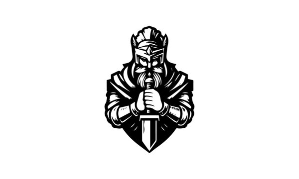 spartan with sword mascot logo icon,warriror mascot logo,black and white bear mascot logo icon