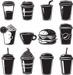 Fast food and Coffee cup icons set vector silhouette 