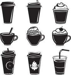 Fast food and Coffee cup icons set vector silhouette 