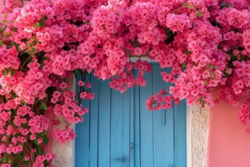 Fototapeta na wymiar A bright cluster of pink bougainvillea flowers cascades over a blue-painted, rustic wooden door, contrasting sharply with the pink wall on a sunny day.