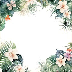 a watercolour delicate muted colour border of exotic tropical leaves at the bottom of the page on a white background with few tropical flowers. The leaves and flowers are elegant and delicate and look