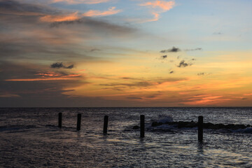 Scenic view of sun setting and bright horizon in Caribbean sea.