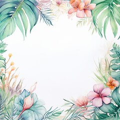 Fototapeta na wymiar a watercolour delicate muted colour border of exotic tropical leaves at the bottom of the page on a white background with few tropical flowers. The leaves and flowers are elegant and delicate and look