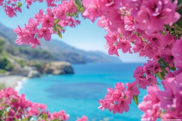 vibrant pink blossoms frame the serene blue waters of a coastal landscape, offering a tranquil and picturesque scene - obrazy, fototapety, plakaty