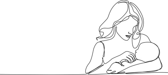 continuous single line drawing of mother caressing baby, line art vector illustration