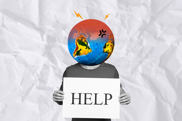 Composite image 3d magazine sketch collage of guy head globe earth hold poster inscription help...