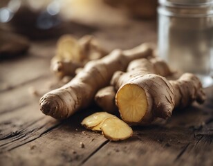 Close-Up of Fresh Ginger Root on Wooden Table
