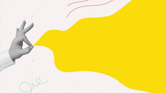 A hand holds a yellow space with a place for a text. Animation in a modern collage style