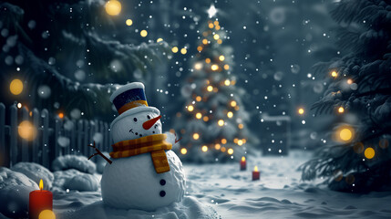 Obraz premium Little snowman in a snow-covered village in the middle of winter