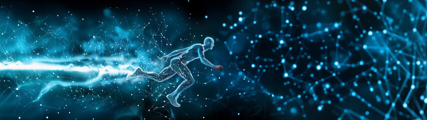 An abstract conceptual depiction of a male athlete runner emerges from interconnected lines and dots capturing the sprinter running in motion, stock illustration image