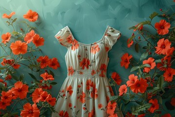 A wall of vibrant hibiscus flowers creates a serene backdrop for an elegant floral dress, suggesting the essence of spring or summer fashion.