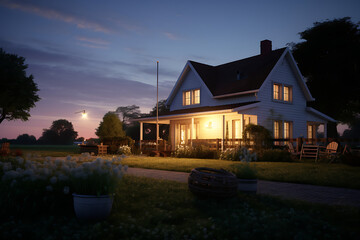 Beautiful house in the countryside at night with a full moon.