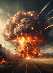 a mass explosion on earth that destroys all of humanity, scary, massive explosion, humans running away from it
 - obrazy, fototapety, plakaty