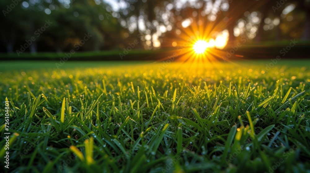 Sticker The green grass field at sunrise is natural and lush