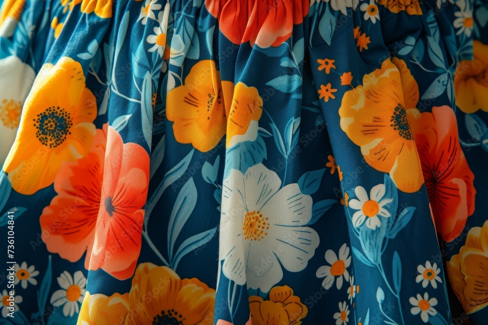 Poster a detailed view of a vibrant floral pattern on fabric, highlighting the intricate design and colorfu