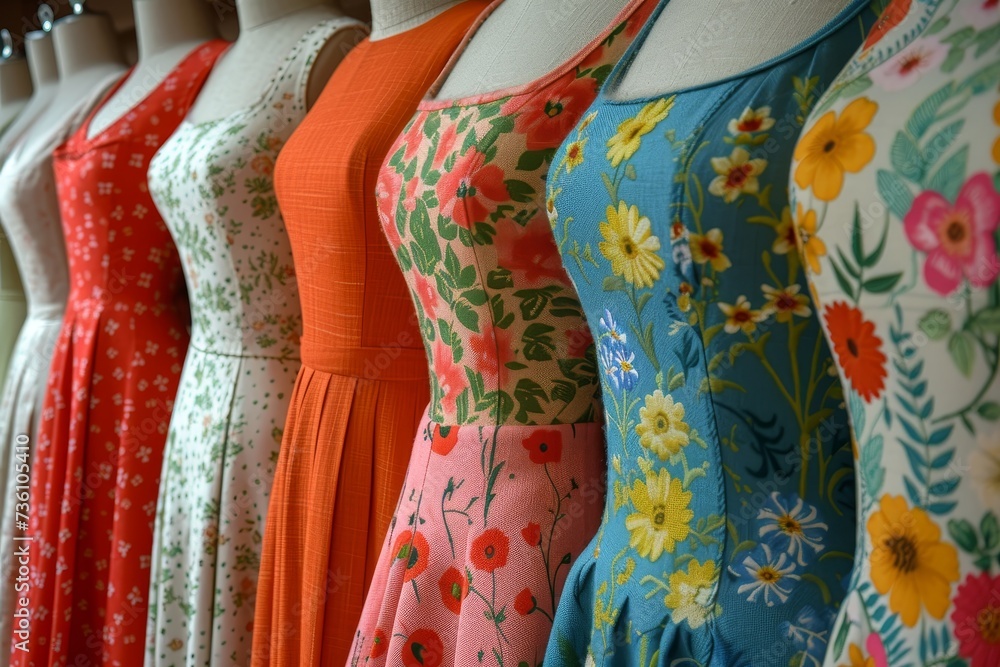 Poster A vibrant selection of summer dresses featuring floral prints and solid colors is showcased, highlighting the diversity of styles and patterns available in store.