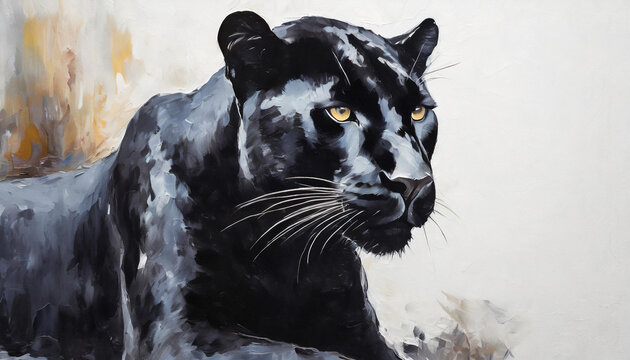 Oil painting of a black panther on pure white background canvas, copyspace on a side