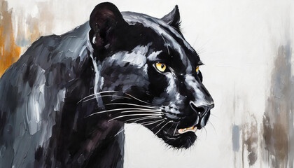 Oil painting of a black panther on pure white background canvas, copyspace on a side
