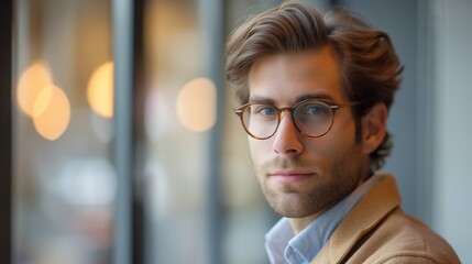 Fototapeta premium Young working man gazes warmly at the camera, radiating a positive and joyful life outlook, embodying a good and happy attitude towards living.
