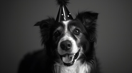 Smiling Black and White Dog Wearing Party Hat