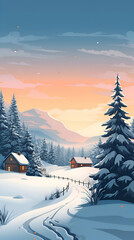 Winter landscape with snowy fir trees and wooden house.  illustration.