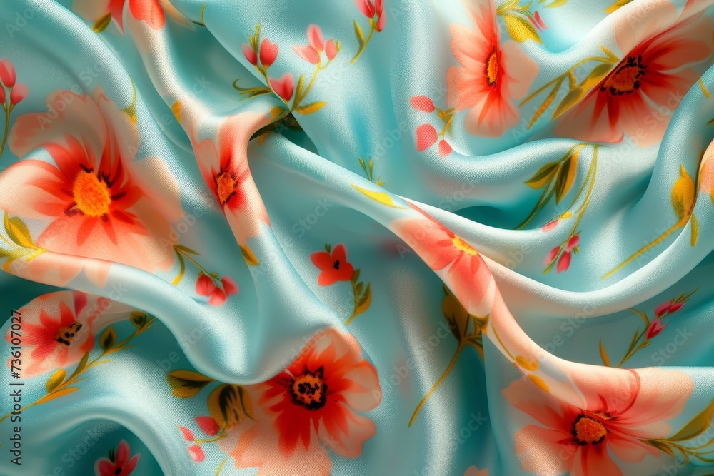 Poster a close-up shot of a blue fabric displaying intricate flower patterns with precise details and vibra