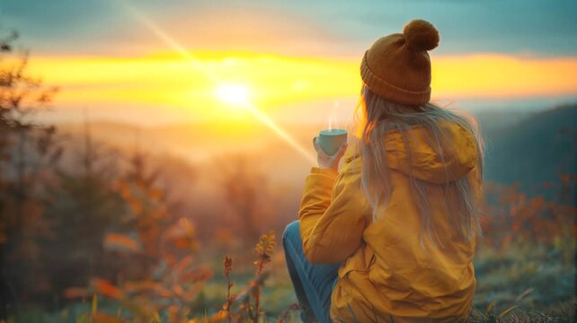 A woman hiker enjoying coffee at sunrise. Seamless looping time-lapse 4k video animation background