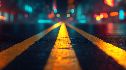 Yellow Line on Wet Street at Night