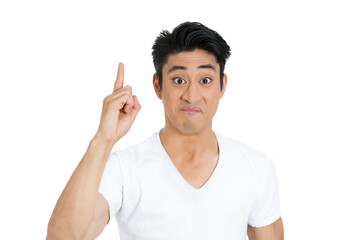Closeup portrait surprised, young, happy, funny looking man, just came up with idea aha, index finger pointing up, isolated white background - 736107657