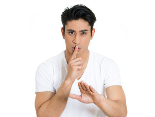 young handsome man giving Shhhh quiet, silence, secret gesture isolated on white background - 736107686