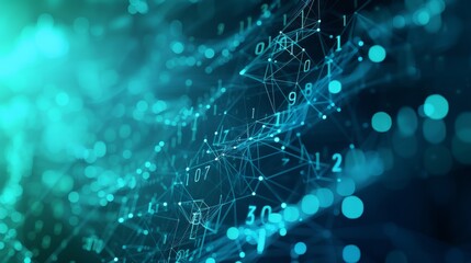 A network structure composed of numbers, cyan blue spots, and lines forming many polygons. Information network background and digital data processing. Created with Generative AI.