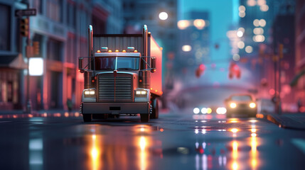Semi Truck Driving Through City Street at Night