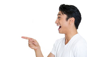 Closeup side view portrait of young man, laughing, pointing with finger at someone or something, isolated on white background - 736107856
