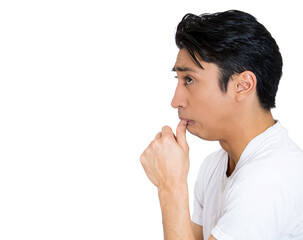 Closeup portrait young man, student with finger in mouth, sucking thumb, biting fingernail in stress, deep thought, confused, isolated on white background.  - 736107857