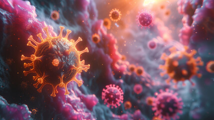 Obraz na płótnie Canvas Aspect ratio 16:9 of a virus entering the cell walls of the human body.