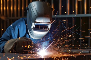 Fototapeta premium welder with helmet and gauntlet gloves, sparks flying from welding torch