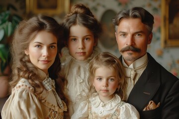 Victorian-era family, formally dressed, in ornate room. Vintage Family Portrait. - obrazy, fototapety, plakaty