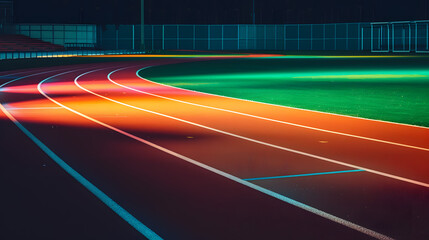 Nighttime Running Track in Colorful Sports Stadium