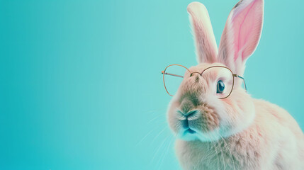 White Rabbit Wearing Glasses on Blue Background