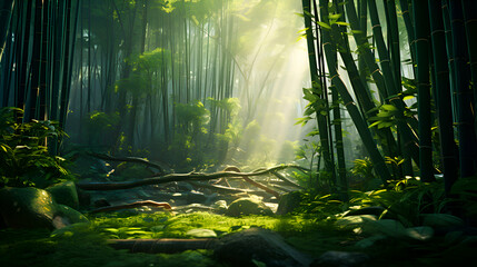 Green bamboo forest with sunlight in the morning. Shallow depth of field