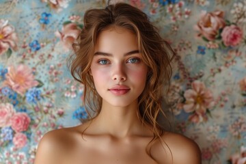 A portrait of a young woman with captivating blue eyes and tousled hair, posing gracefully against a vibrant floral-patterned background, exuding a sense of calm and beauty.