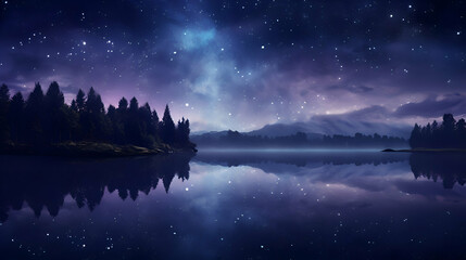 Beautiful night landscape with starry sky and lake. 3d rendering