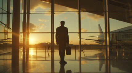 Silhouette executive businessman prepare to connect his business with sunset - obrazy, fototapety, plakaty