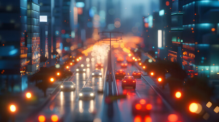 Fototapeta na wymiar Busy City Street Filled With Nighttime Traffic