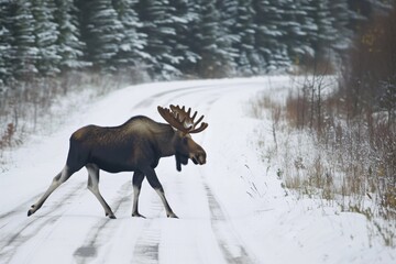 moose crossing a snowy road in a northern wooded region