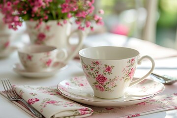 A white table is adorned with a cup and saucer, creating a simple yet elegant setting.