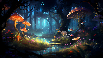 Fantasy landscape with fantasy forest and mushrooms. Digital painting illustration.
